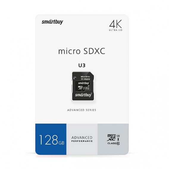 Карта памяти microSDHC SmartBuy 128Gb Class 10 U3 V30 A1 с адапт (SDXC)