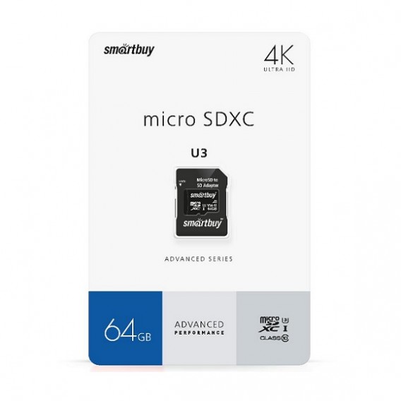 Карта памяти microSDHC SmartBuy 64Gb Class 10 U3 V30 A1 с адапт.(SDXC)