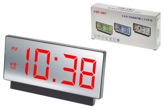 Часы настольные VST-897-1 крас.цифры, зеркал. (USB+CR2032 на сохр)