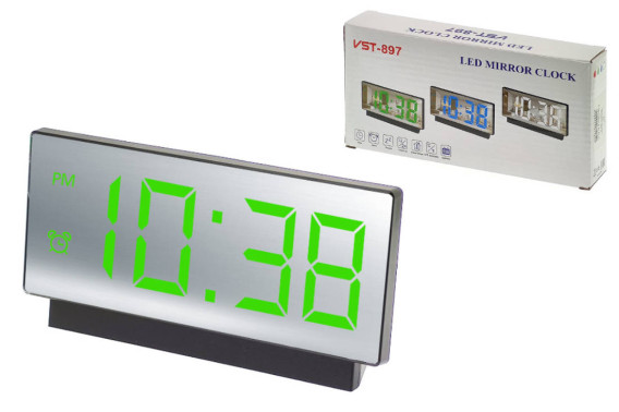 Часы настольные VST-897-4 зел.цифры, зеркал. (USB+CR2032 на сохр)