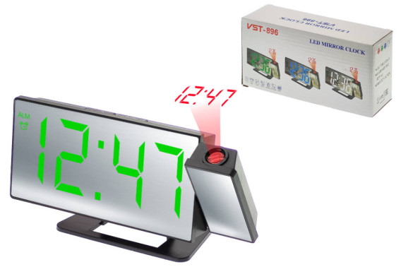 Часы настольные VST-896-4 зел.цифры, зеркал., проекция (USB+CR2032 на сохр)