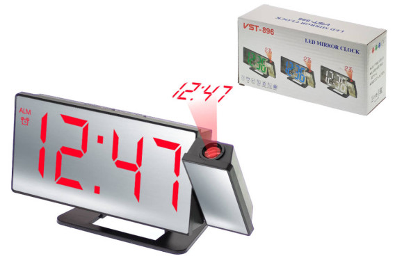 Часы настольные VST-896-1 крас.цифры, зеркал., проекция (USB+CR2032 на сохр)