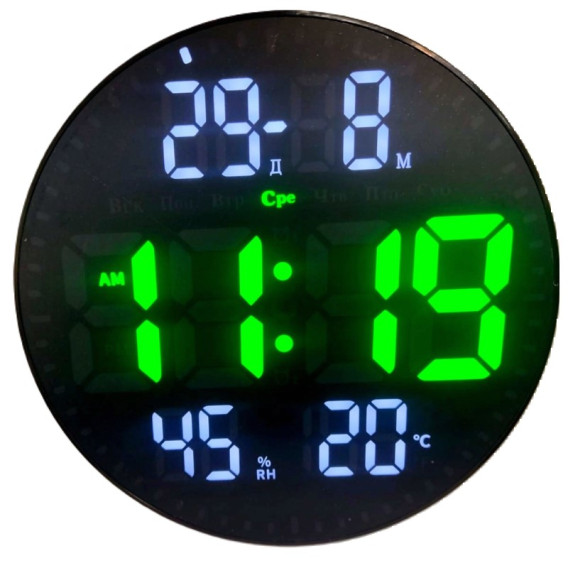 Часы настенные электронные JH2560 зел., D=25см (дата,темп,влаж,нед,220V+2032)