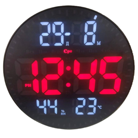 Часы настенные электронные JH2560 крас., D=25см (дата,темп,влаж,нед,220V+2032)