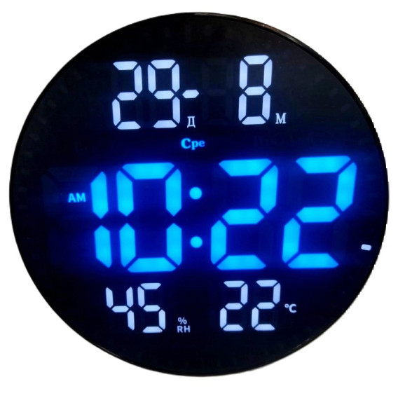Часы настенные электронные JH2560 син., D=25см (дата,темп,влаж,нед,220V+2032)