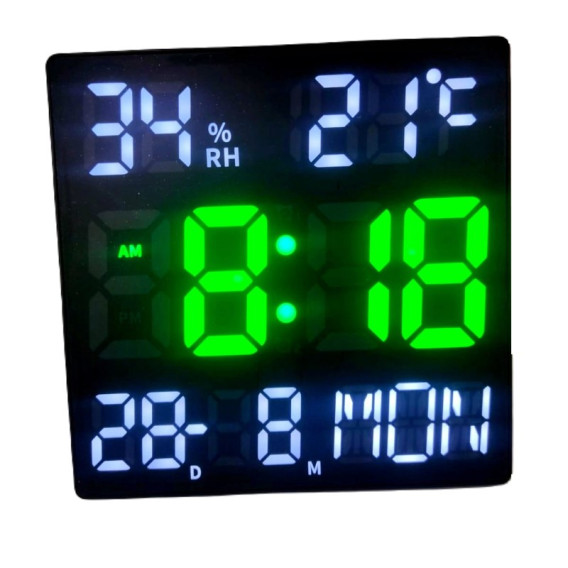Часы настенные электронные JH2301 зел., 23*23см (дата,темп,влаж,нед,220V+2032)
