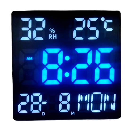 Часы настенные электронные JH2301 син., 23*23см (дата,темп,влаж,нед,220V+2032)