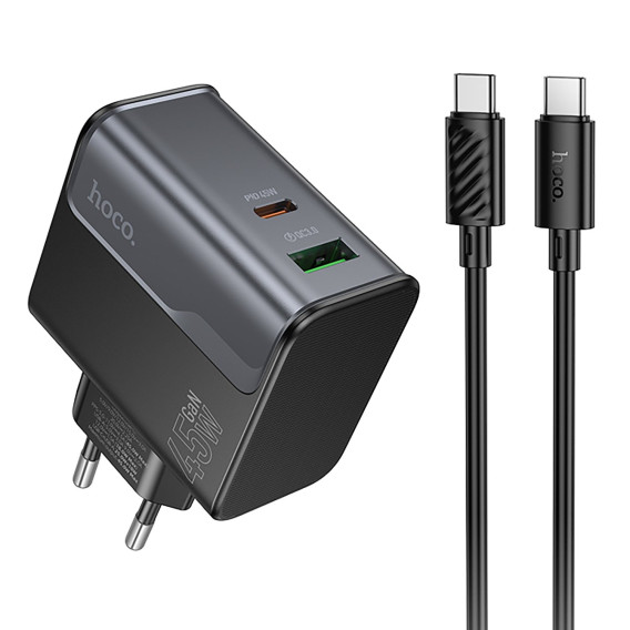 Адаптер сетевой с кабелем Type-C - Type-C PD45W + USB QC3.0 Hoco CS74A
