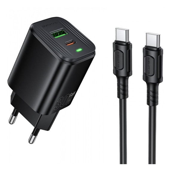 Адаптер сетевой с кабелем Type-C - Type-C PD30W + USB QC3.0 Borofone BAS85A, черный