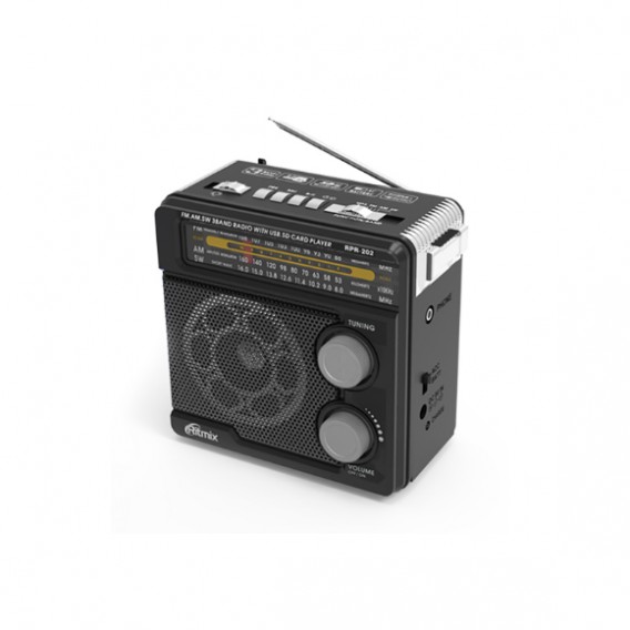 Радиоприемник Ritmix RPR-202 BLACK (Fm/USB/microSD/акб/2*R20) (13,3х13,3х7,5см)