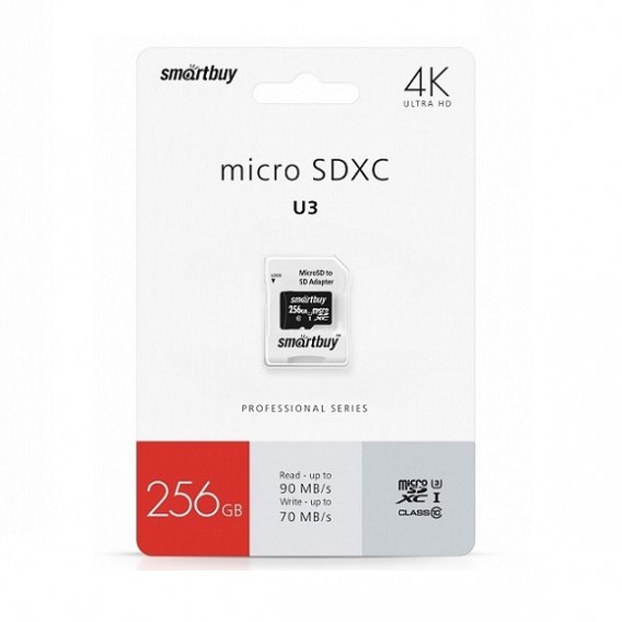 Карта памяти microSDHC SmartBuy 256Gb Class 10 PRO U3 с адаптером (SDXC)