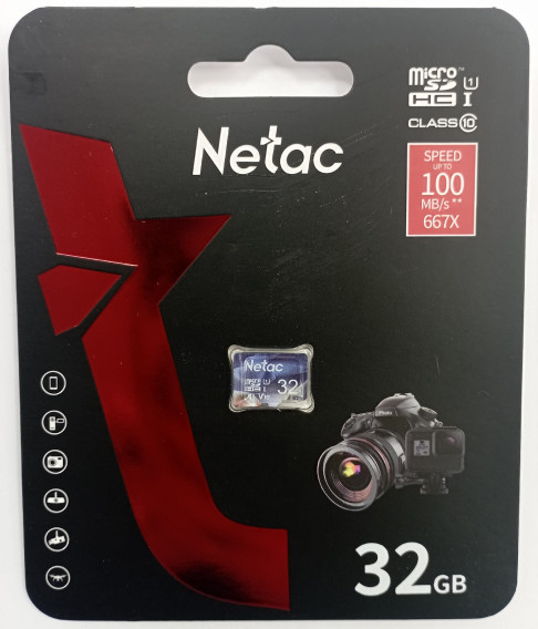 Карта памяти microSDHC Netac 32Gb P500 Class 10 UHS-1 A1, U1, V10 100MB/s без адапт