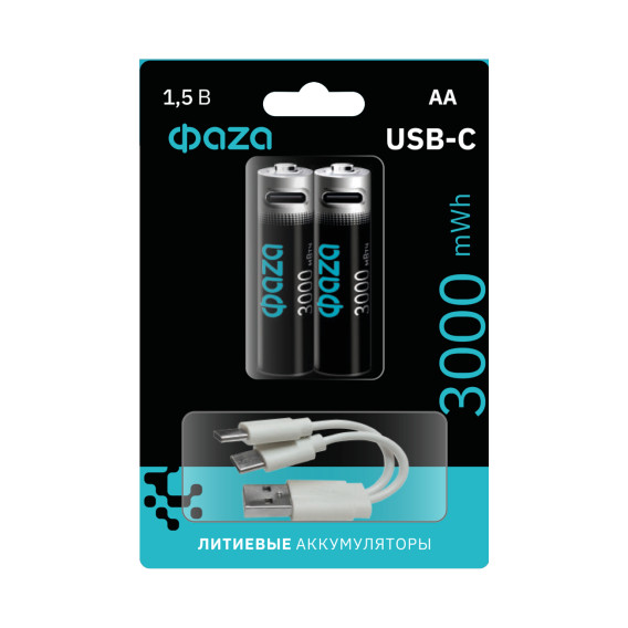 Аккумулятор Li14500 (AA) 2000mAh/3000mWh 1.5V Фаzа (USB -Type-C, индик) BL 2