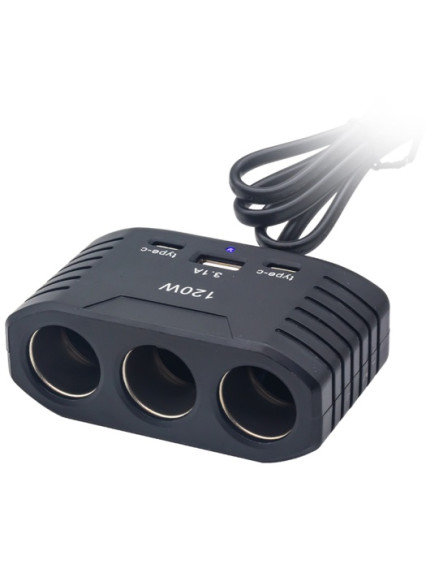 Разветвитель в авто на 3 устройства + USB + 2 Type-C, 120W, Olesson 2012