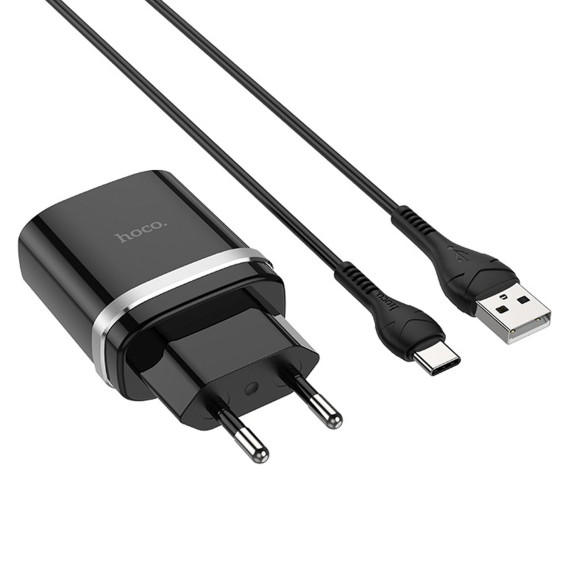 Адаптер сетевой с кабелем USB - Type-C 3A/18W QC3.0 Hoco C12Q, черный