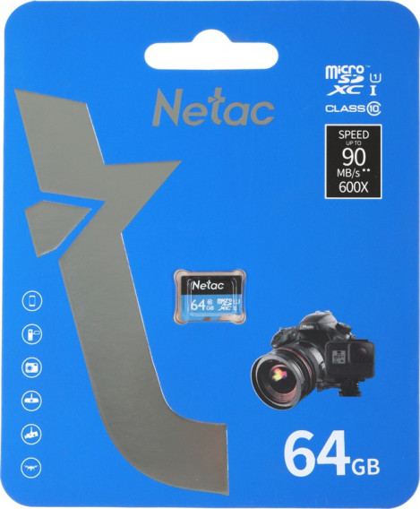 Карта памяти microSDHC Netac 64Gb P500 Class 10 UHS-1 A1, U1, V10 (100MB/s) без адаптера
