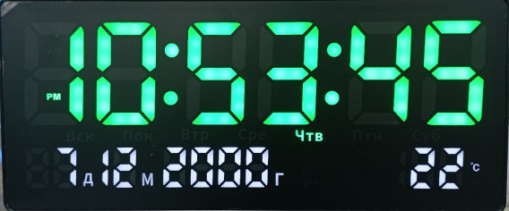 Часы настенные электронные JH3609 зел., 36*16см(дата,темп.,нед.,буд.,220V+2032)