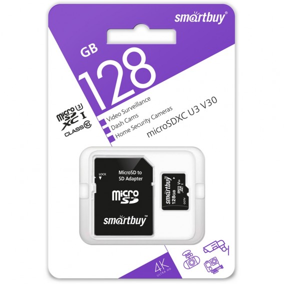 Карта памяти microSDHC SmartBuy 128Gb Cl 10 U3 V30 с адапт (ВИДЕОНАБЛЮД)