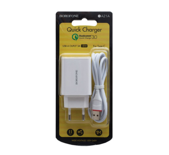 Адаптер сетевой с кабелем USB - Type-C 3A QC3.0 Borofone BA21A