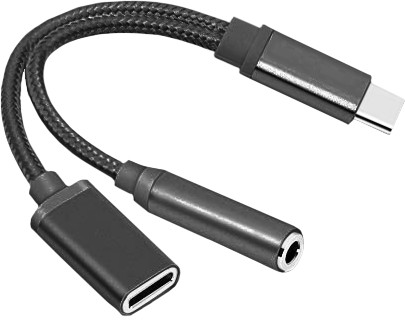 Переходник Type-C - 3,5 джек + Type-C(зарядка) (шт/гн-гн) 15см, черный Атом