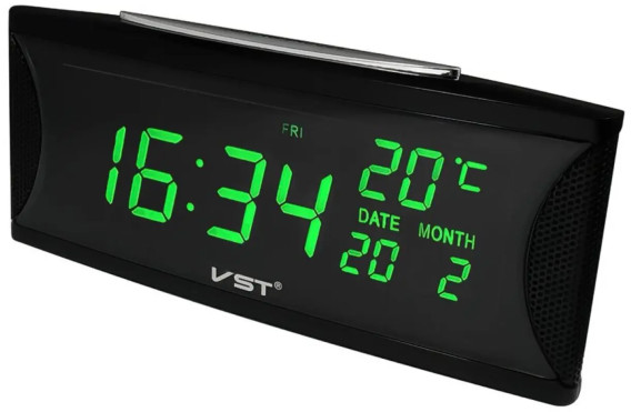 Часы настольные VST-719W зел.цифры (дата, темп., 220V+2*ААА)