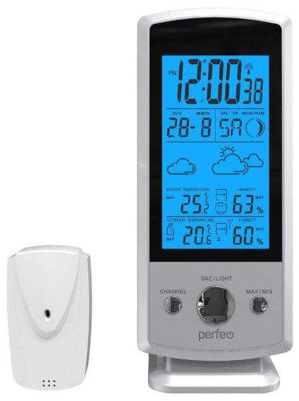 Погодная станция Perfeo "Tauer" (время,темп.,бес.датч.ул.темп.,влаж)сер PF_C3571