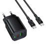 Адаптер сетевой с кабелем Type-C - Type-C PD30W + USB QC3.0 Borofone BAS85A, черный