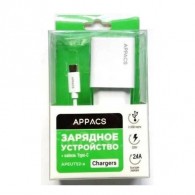 Адаптер 220V->2*USB 2.4A APPACS APEUT52a, кабель Type-C, 2USB