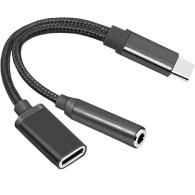 Переходник Type-C - 3,5 джек + Type-C(зарядка) (шт/гн-гн) 15см, черный Атом