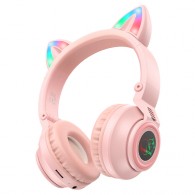 Гарнитура Bluetooth Borofone BO18 CAT EAR (полноразм., microSD) розовая